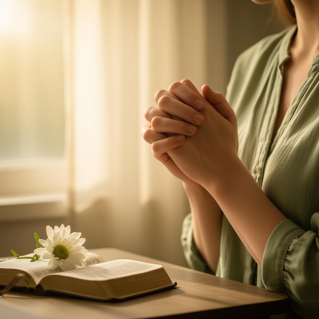Hands clasped in prayer with warm morning light
